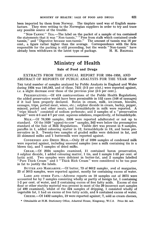 Ministry of Health. Sale of food and drugs. Extracts from the Annual Report for 1934–1935, and abstract of Reports of Public Analysts for the year 1934
