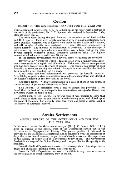 Straits Settlements. Annual Report of the Government Analyst for the year 1934