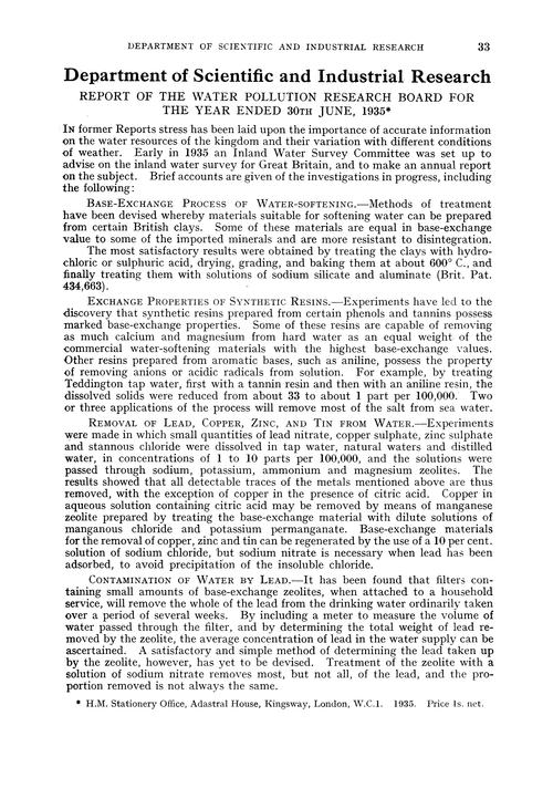 Department of Scientific and Industrial Research. Report of the Water Pollution Research Board for the year ended 30th June, 1935