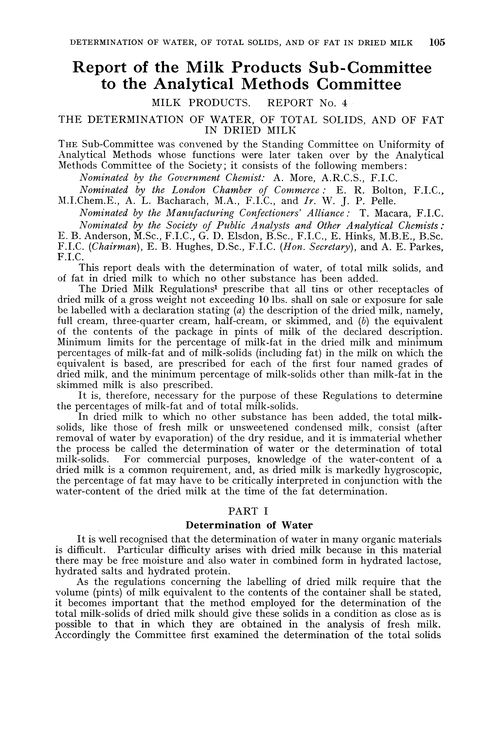 Report of the Milk Products Sub-Committee to the Analytical Methods Committee. Milk products. Report No. 4. The determination of water, of total solids, and of fat in dried milk