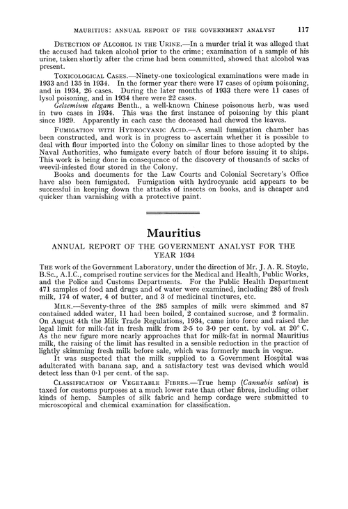 Mauritius. Annual Report of the Government Analyst for the year 1934
