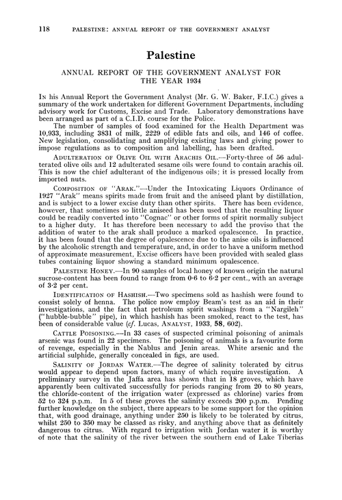 Palestine. Annual Report of the Government Analyst for the year 1934