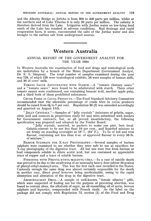 Western Australia. Annual Report of the Government Analyst for the year 1934