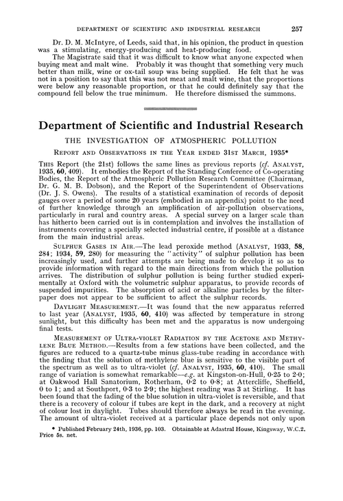 Department of Scientific and Industrial Research. The investigation of atmospheric pollution. Report and Observations in the year ended 31st March, 1935