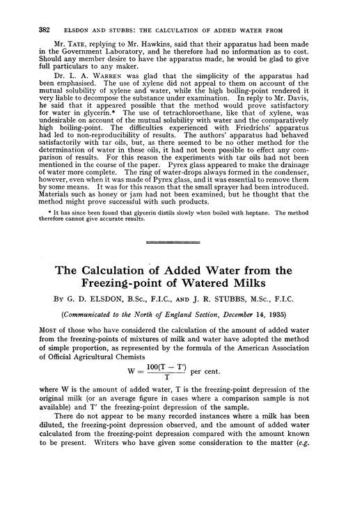The calculation of added water from the freezing-point of watered milks