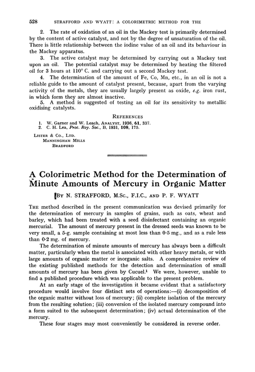 A colorimetric method for the determination of minute amounts of mercury in organic matter