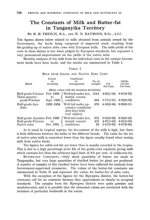 The constants of milk and butter-fat in Tanganyika Territory