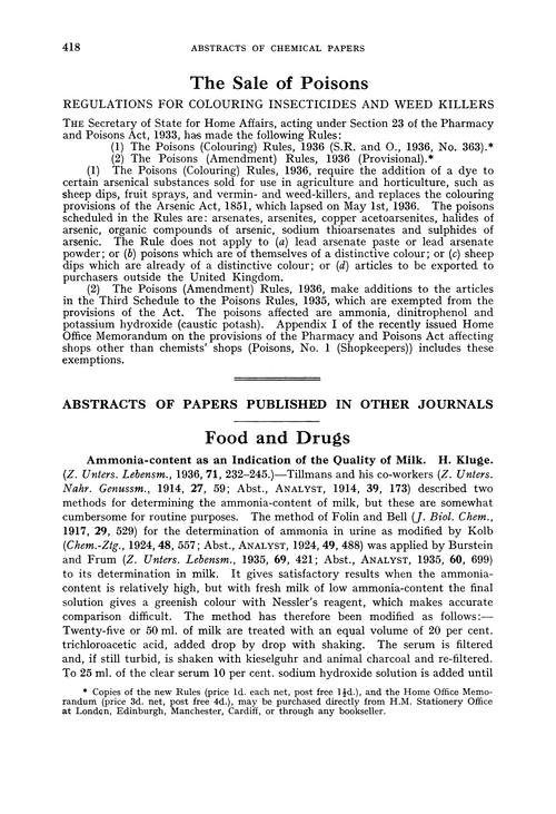 The Sale of Poisons. Regulations for colouring insecticides and weed killers