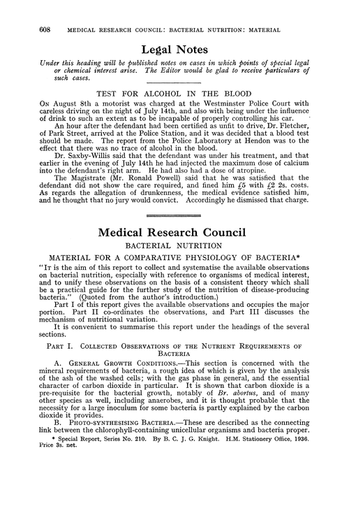 Legal notes. Test for alcohol in the blood