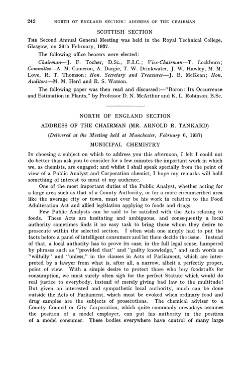 North of England section address of the Chairman (Mr. Arnold R. Tankard)