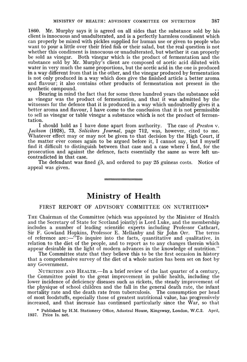 Ministry of Health. First Report of Advisory Committee on Nutrition