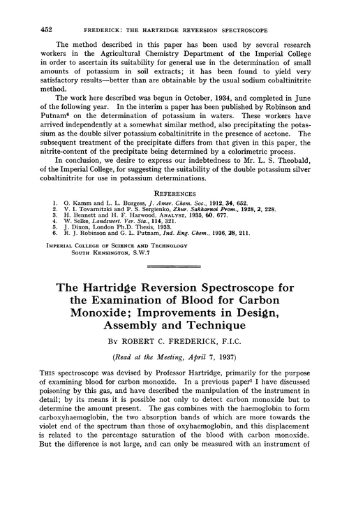 The Hartridge reversion spectroscope for the examination of blood for carbon monoxide; improvements in design, assembly and technique