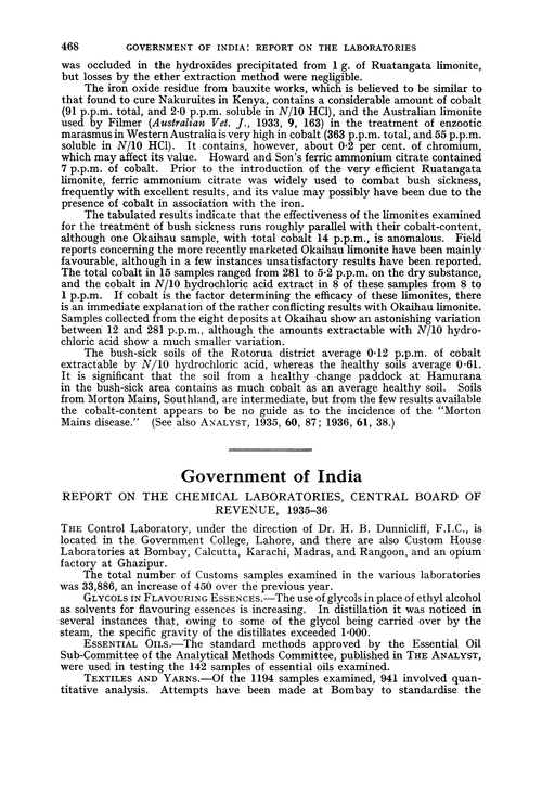 Government of India. Report on the Chemical Laboratories, Central Board of Revenue, 1935–36
