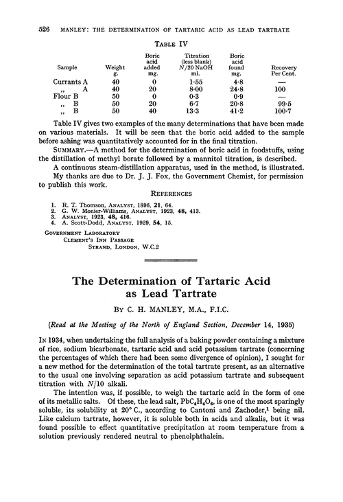 The determination of tartaric acid as lead tartrate