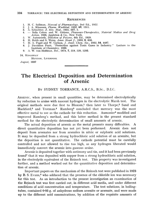 The electrical deposition and determination of arsenic