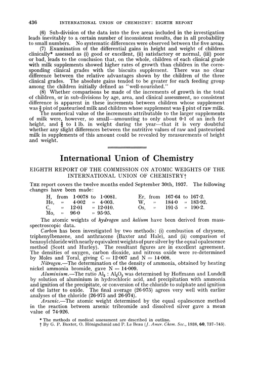 International Union of Chemistry. Eighth Report of the Commission on Atomic Weights of the International Union of Chemistry