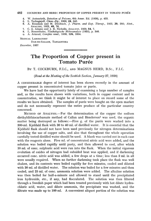 The proportion of copper present in tomato purée