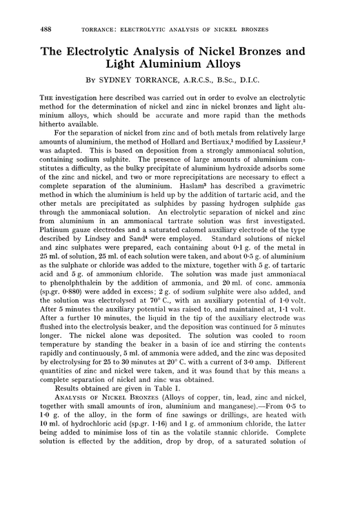 The electrolytic analysis of nickel bronzes and light aluminium alloys