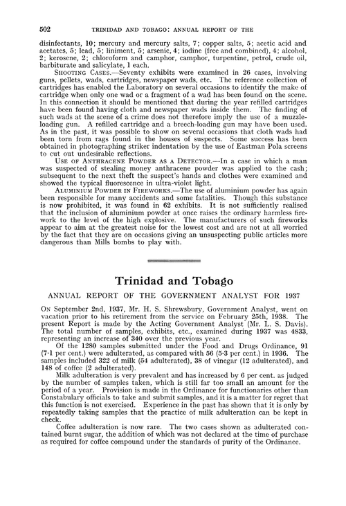 Trinidad and Tobago. Annual Report of the Government Analyst for 1937