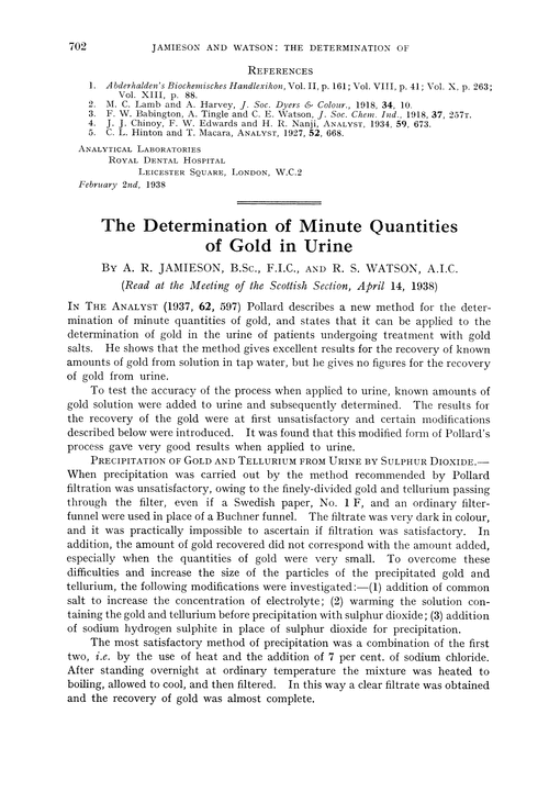 The determination of minute quantities of gold in urine