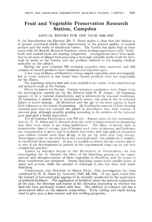 Fruit and Vegetable Preservation Research Station, Campden. Annual Report for the year 1936–1937