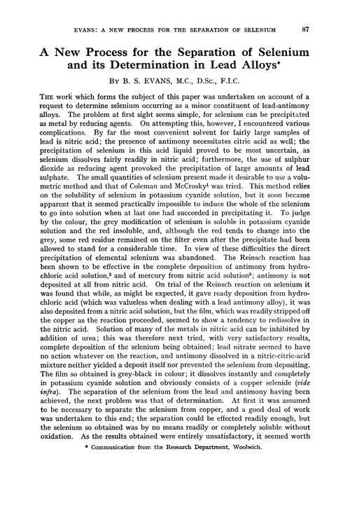 A new process for the separation of selenium and its determination in lead alloys