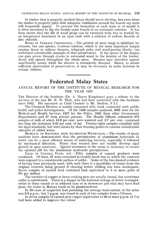 Federated Malay States. Annual Report of the Institute of Medical Research for the year 1937