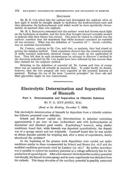 Electrolytic determination and separation of bismuth. Part I. Determination and separation in chloride solution
