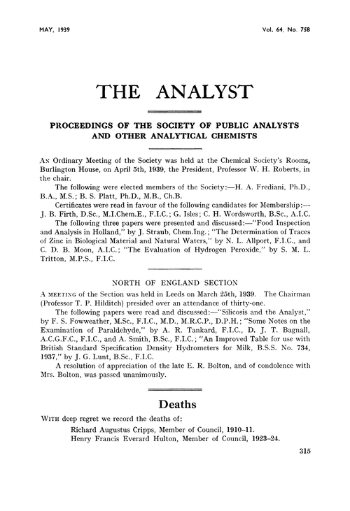 Proceedings of the Society of Public Analysts and other Analytical Chemists
