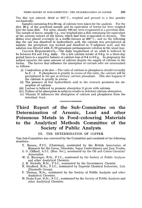 Third Report of the Sub-Committee on the Determination of Arsenic, Lead and other Poisonous Metals in food-colouring materials to the Analytical Methods Committee of the Society of Public Analysts. III. The determination of copper