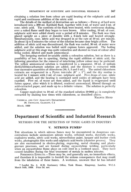 Department of Scientific and Industrial Research. Methods for the detection of the toxic gases in industry. V. Nitrous fumes