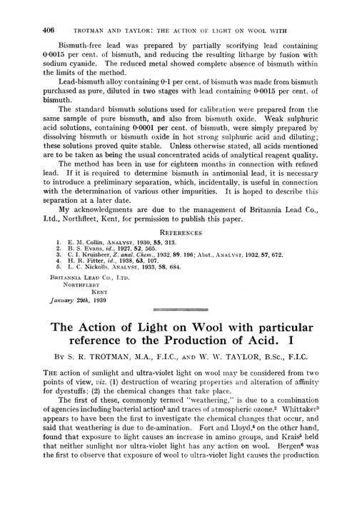 The action of light on wool with particular reference to the production of acid. I