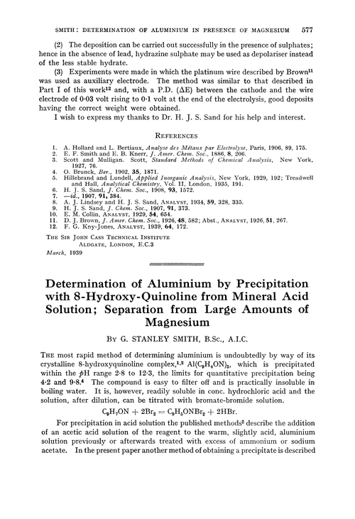 Determination of aluminium by precipitation with 8-hydroxy-quinoline from mineral acid solution; separation from large amounts of magnesium