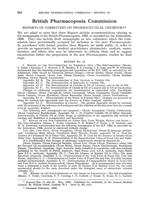 British Pharmacopoeia Commission. Reports of Committees on Pharmaceutical Chemistry
