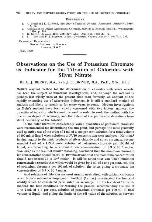 Observations on the use of potassium chromate as indicator for the