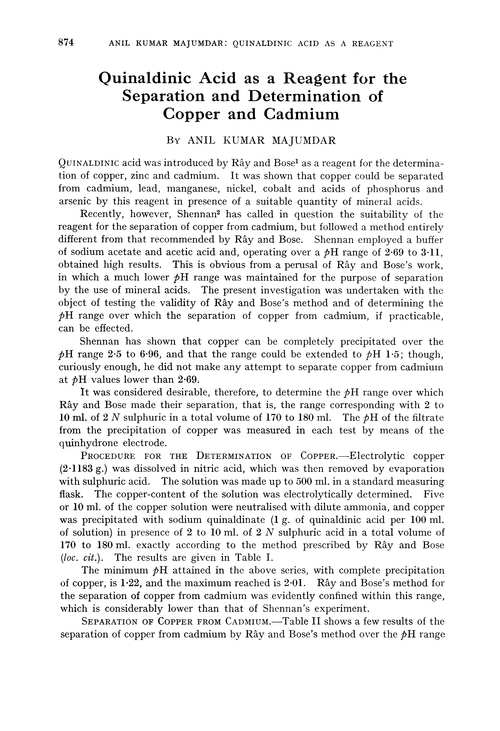 Quinaldinic acid as a reagent for the separation and determination of copper and cadmium