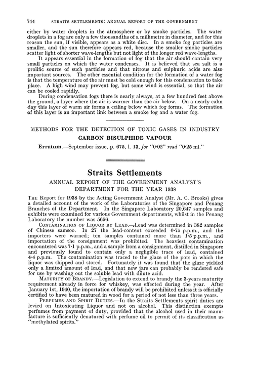 Straits Settlements. Annual Report of the Government Analyst's. Department for the year 1938