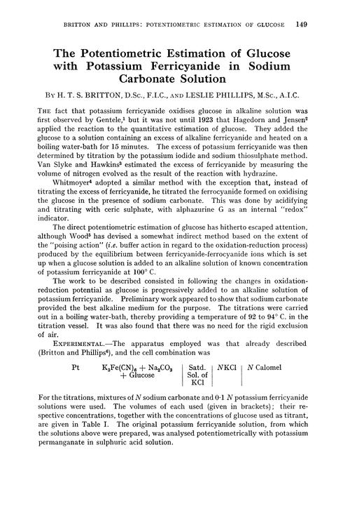 The potentiometric estimation of glucose with potassium ferricyanide in sodium carbonate solution