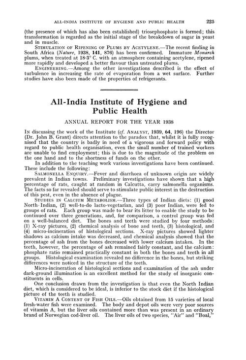 All-India Institute of Hygiene and Public Health. Annual Report for the year 1938