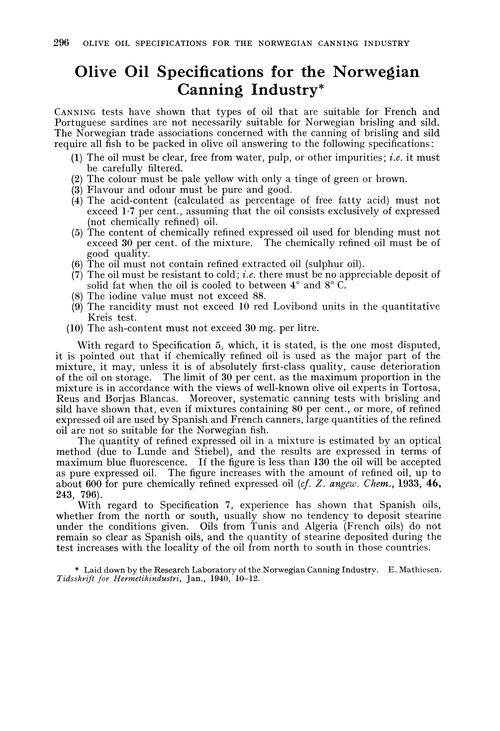 Olive oil specifications for the Norwegian Canning Industry
