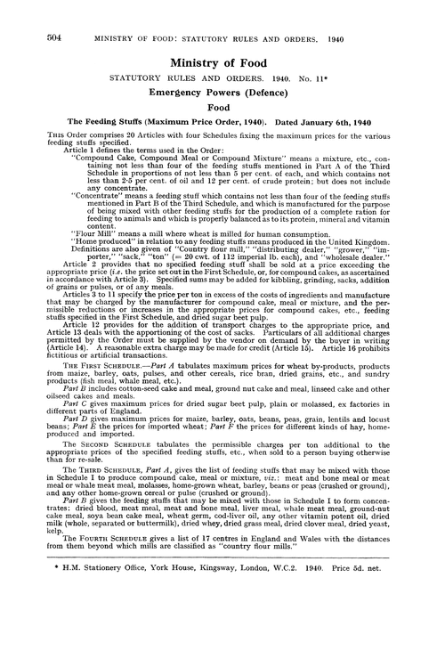 Ministry of Food. Statutory rules and orders. 1940