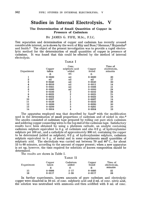 Studies in internal electrolysis. V. The determination of small quantities of copper in presence of cadmium