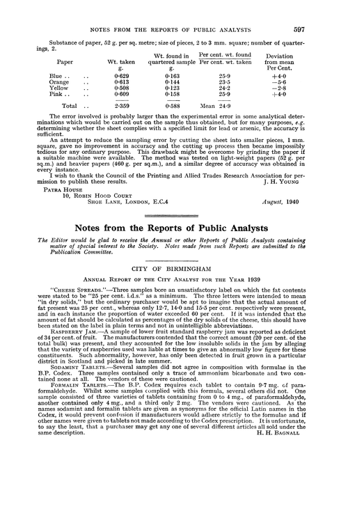 Notes from the Reports of Public Analysts