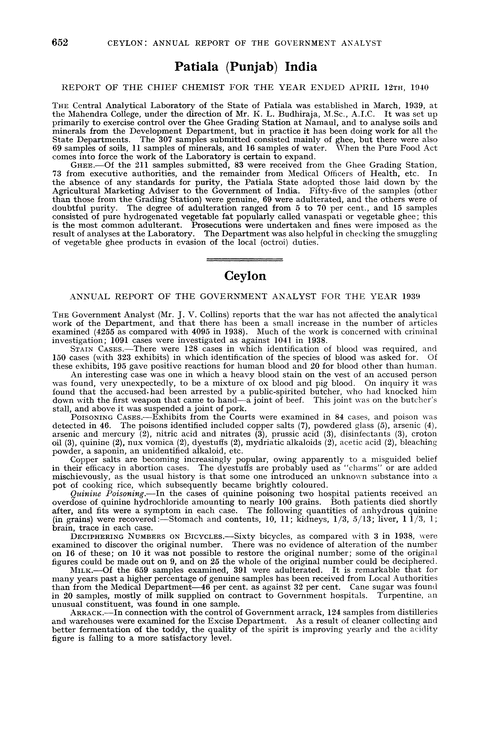Ceylon. Annual Report of the Government Analyst for the year 1939