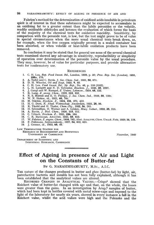Effect of ageing in presence of air and light on the constants of butter-fat