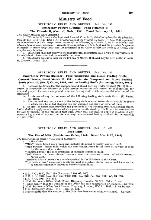 Ministry of Food.—statutory rules and orders