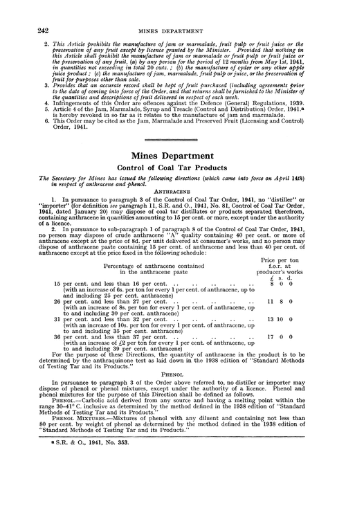 Mines Department. Control of coal tar products