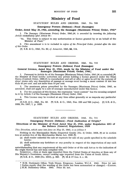 Ministry of Food.—statutory rules and orders