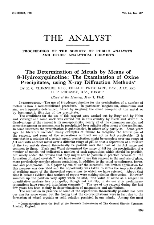 The determination of metals by means of 8-hydroxyquinoline: the examination of oxine precipitates, using X-ray diffraction methods