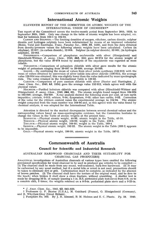 International atomic weights. Eleventh Report of the Committee on Atomic Weights of the International Union of Chemistry